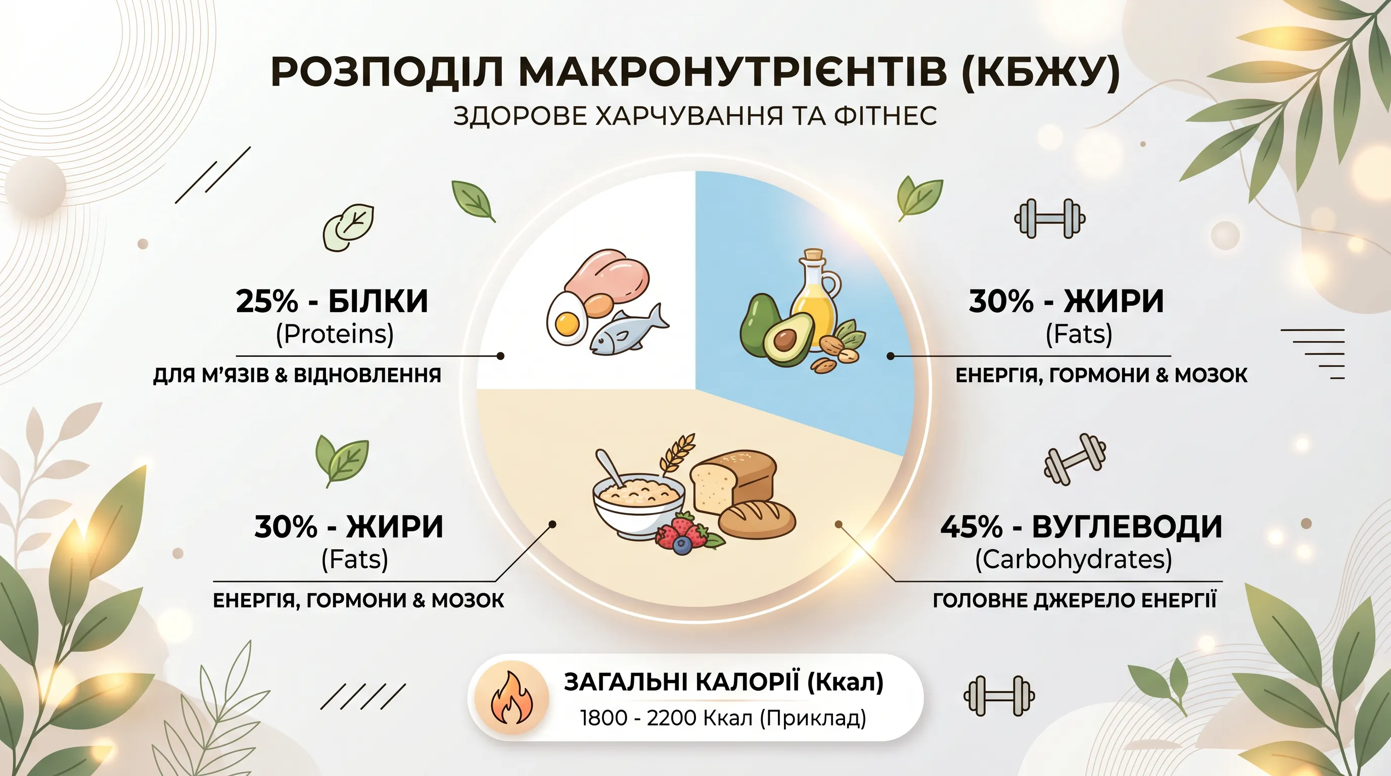 КБЖУ: білки, жири, вуглеводи — інфографіка макронутрієнтів