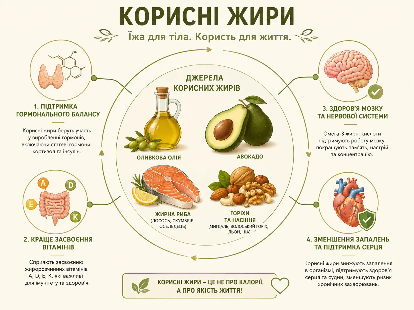 Корисні жири: оливкова олія, авокадо, риба, горіхи — функції в організмі