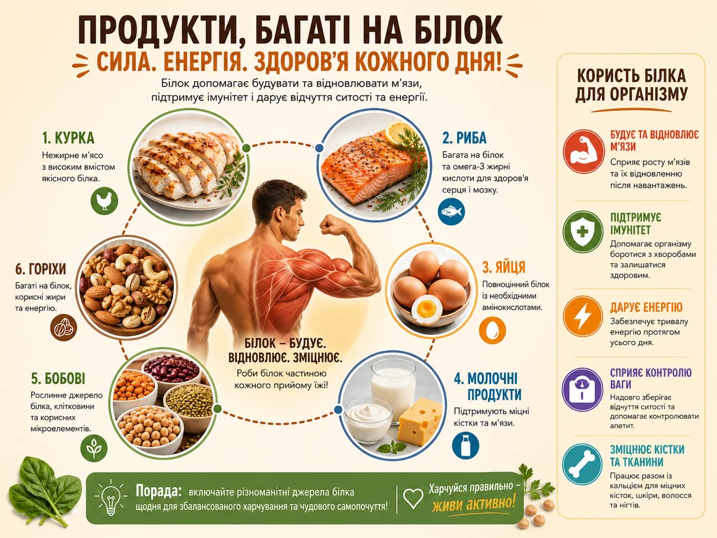 Продукти багаті білком: курка, риба, яйця, молочні продукти, бобові, горіхи